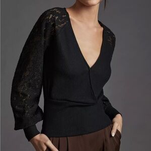 Brand New By Anthropologie Lace-Sleeve Sweater Top Black V Neck Size Medium Boho